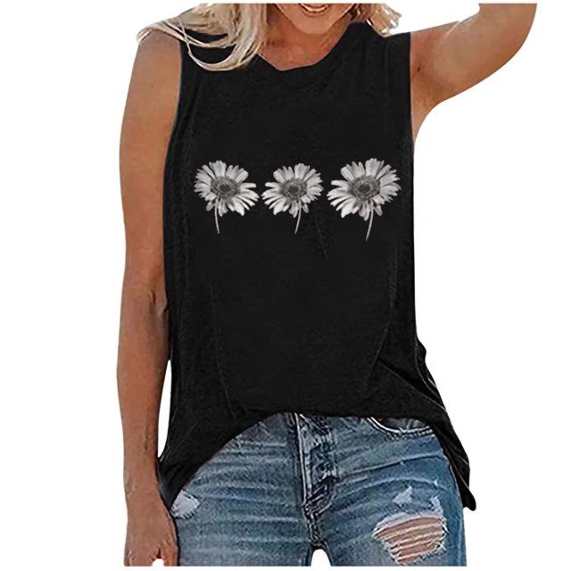 Pompotops Womens Tank Tops Casual Loose Fit Plus Size Sunflower Printed Tee Shirts