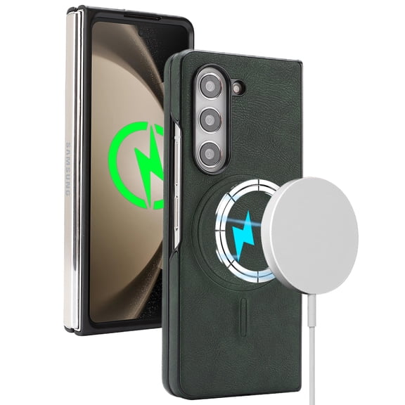 Magnetic Case for Samsung Galaxy Z Fold 5, Wireless Charging, Magnetic Car Mount Support, PU Leather Slim Flexible Bumper Protective Cover Skin-Feel Microfiber for Samsung Galaxy Z Fold 5, Green