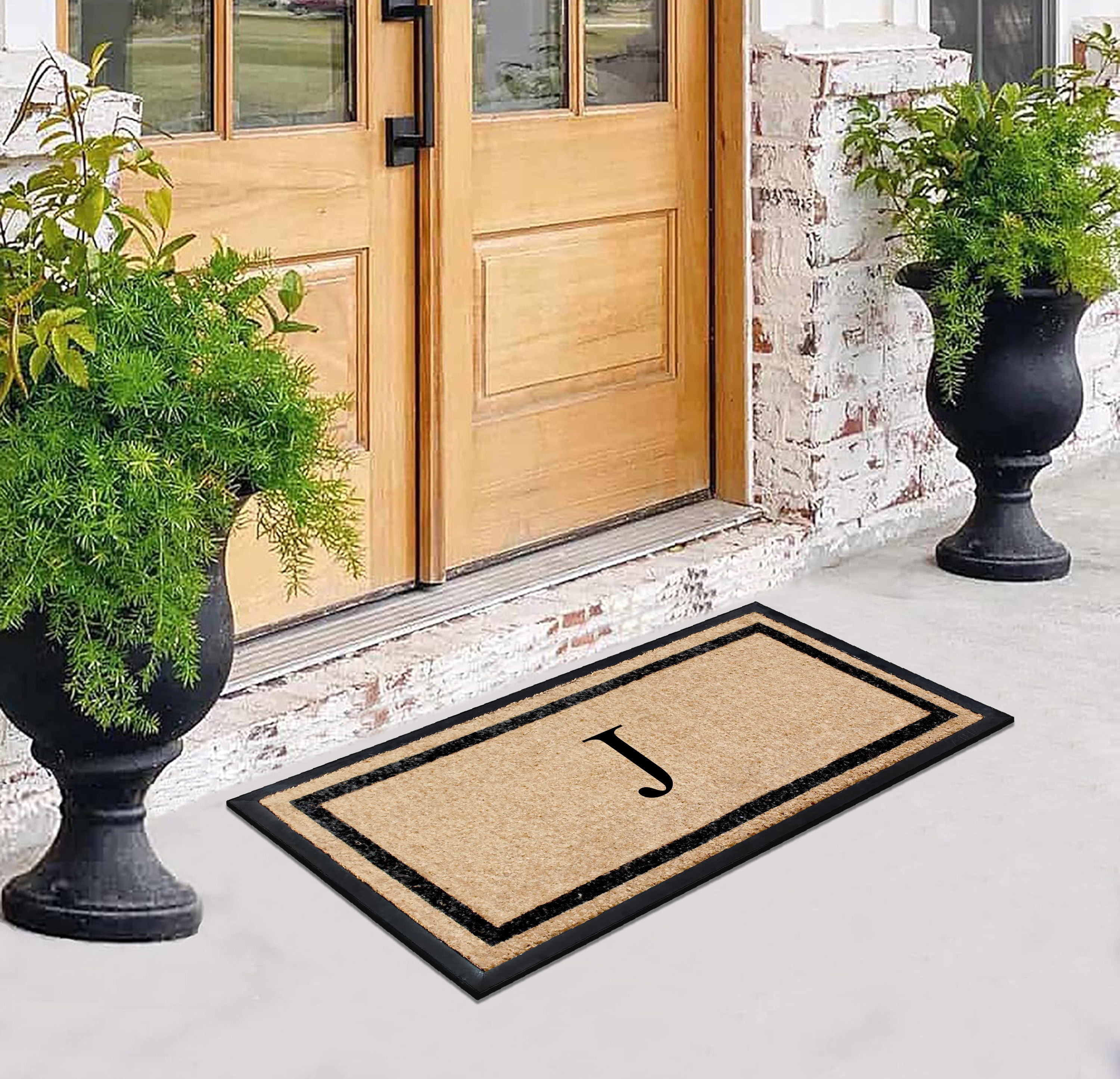 A1HC Rubber and Coir Door Mat Heavy Weight Large Entry Mat Outdoor Durable Monogrammed J Doormat 24"X48", Beige