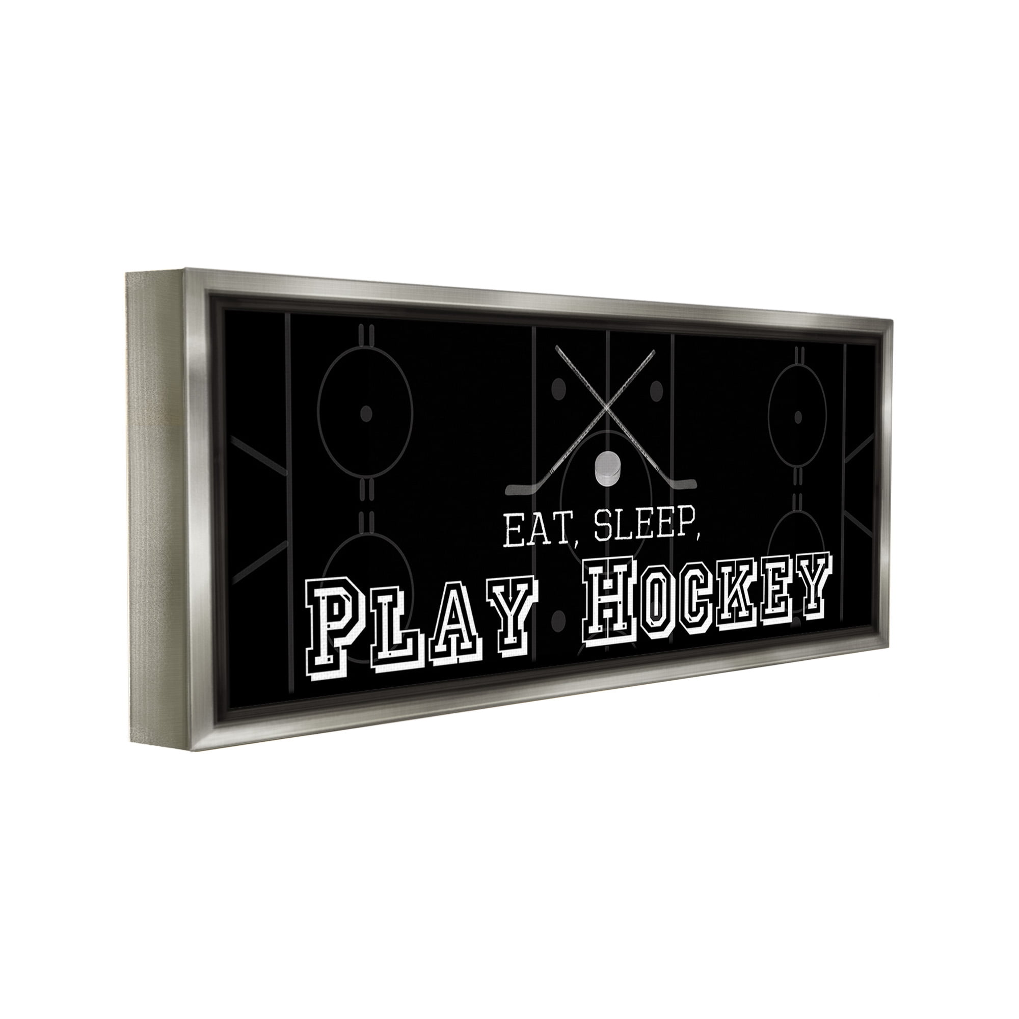 Stupell Industries Eat Sleep Hockey Phrase Sports Painting Gray Floater Framed Canvas Art Print Wall Art, 31 x 14