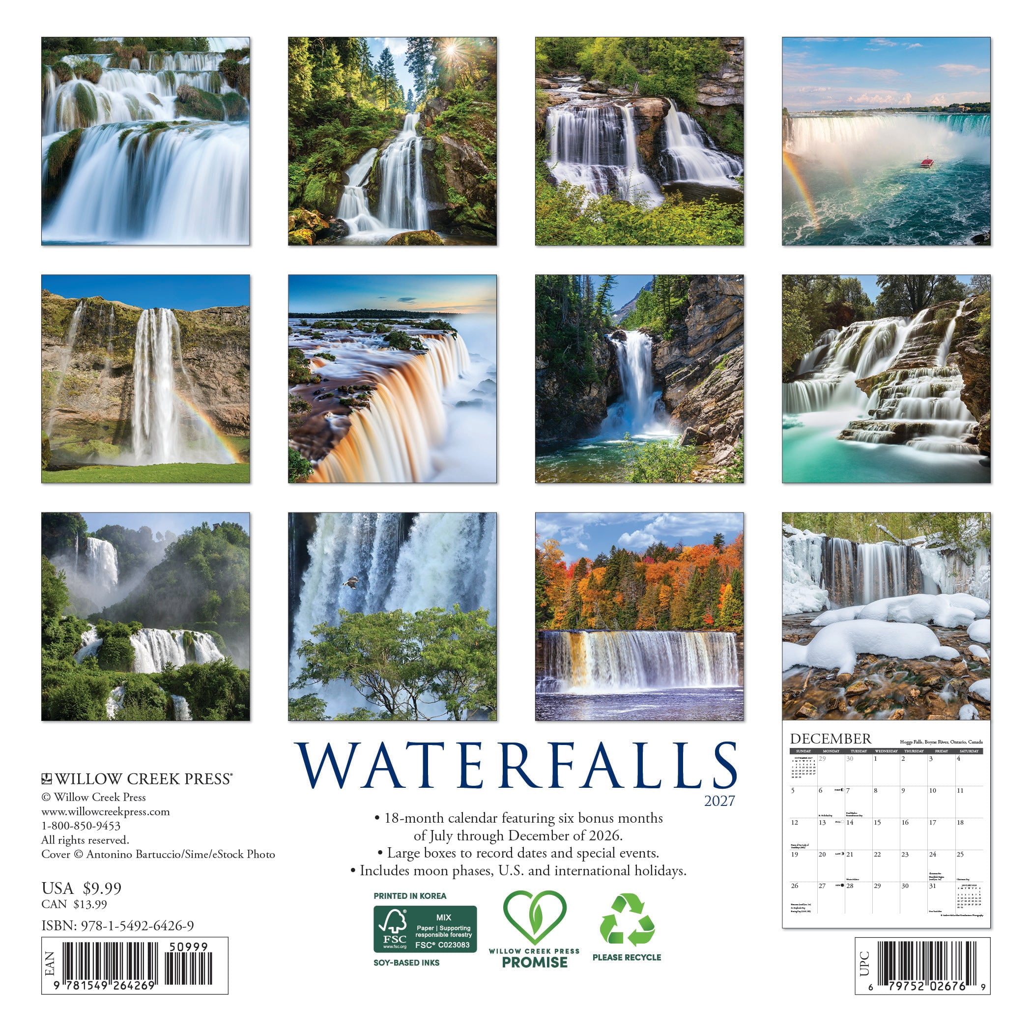 Willow Creek Press, Waterfalls 2027 Mini Wall Calendar