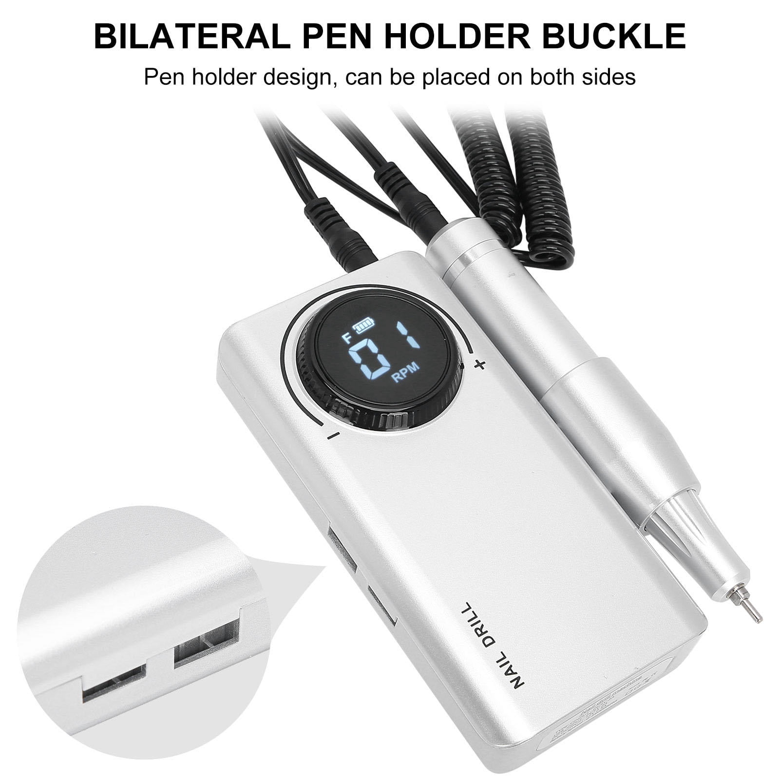 Xirurus 35000 RPM Rechargeable Nail Drill Pen with LCD, Dual‑Side Holder, Power‑Bank, 12‑Hour Battery, Light Gray