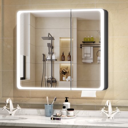 Jarbalai 31.5"x27.5" LED Medicine Cabinet with Mirror, Dimmer & Defogger, Round Corner, Tissue Hole, Black