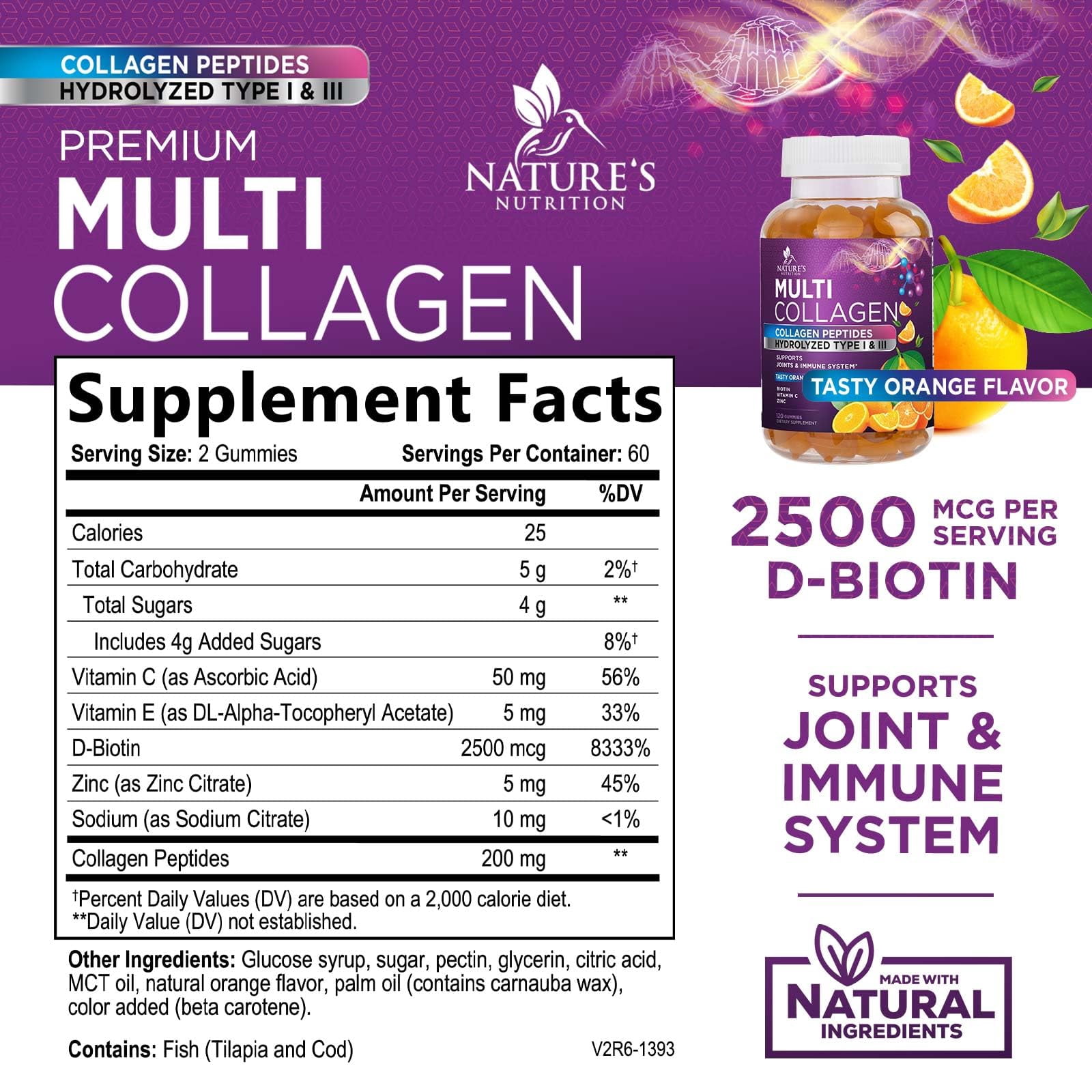 Collagen Supplements Gummies - Hair Growth & Immune Support, Skin & Nails Supplement - 2500mcg Biotin Per Serving - Multi Collagen Hydrolyzed Type 1 & 3, Vitamin C & Zinc, Orange Flavor - 120 Gummies