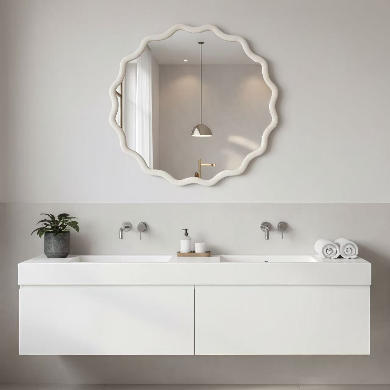 24-Inch Wavy Round Solid Wood Frame Mirror, Decorative Wall Mirror and Vanity Mirror for Bedroom Bathroom Living Room Entryway, White