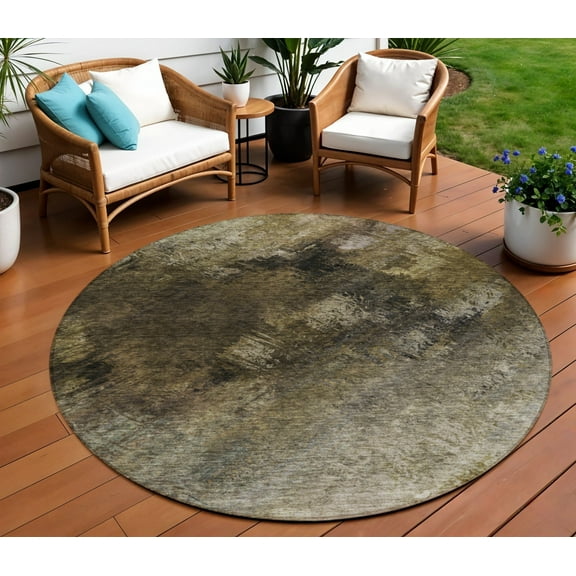 HomeRoots 577495 8 ft. Round Abstract Washable Indoor & Outdoor Area Rug, Chocolate & Beige