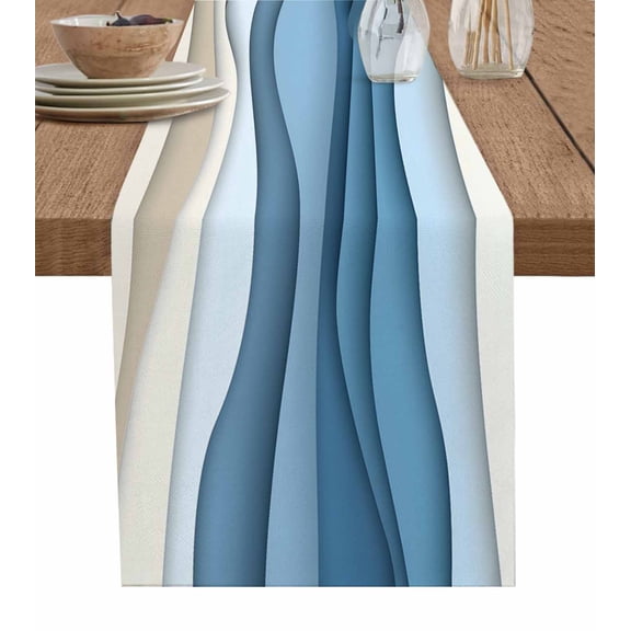 Hokiten Table Runners 72 Inches Long Dress Scarves, Blue Beige Ombre Farmhouse Kitchen/Dining Table Runner, Coffee Tablerunners, Modern Abstract Moire Art Geometric 16x72 Inch