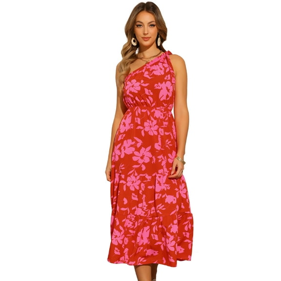 DARING DIVA Floral Midi One Shoulder Sleeveless Boho Dress XS Hot Pink