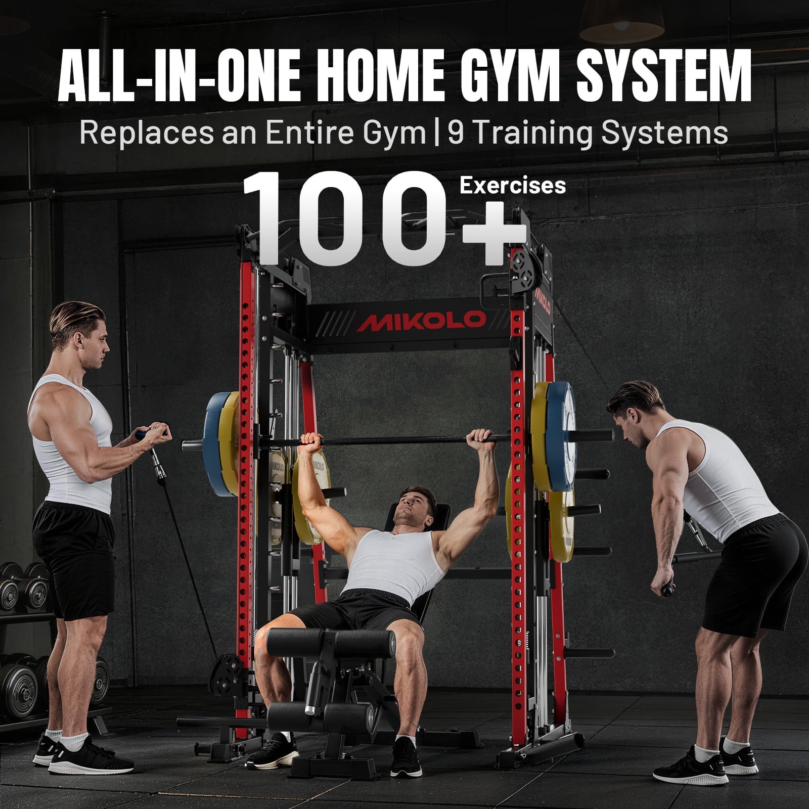 Mikolo M4 2.0 Smith Machine, Complete Starter Home Gym Package, 2200 lbs Power Rack with 230LBS Plates, Baerbell and Weight Bench, Total Body Strength Training Cage
