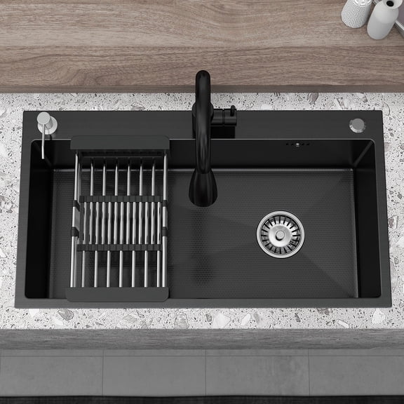 28" Undermount Kitchen Sink Stainless Steel Black Single Sink Modern Design Durable With Multiple Accessories