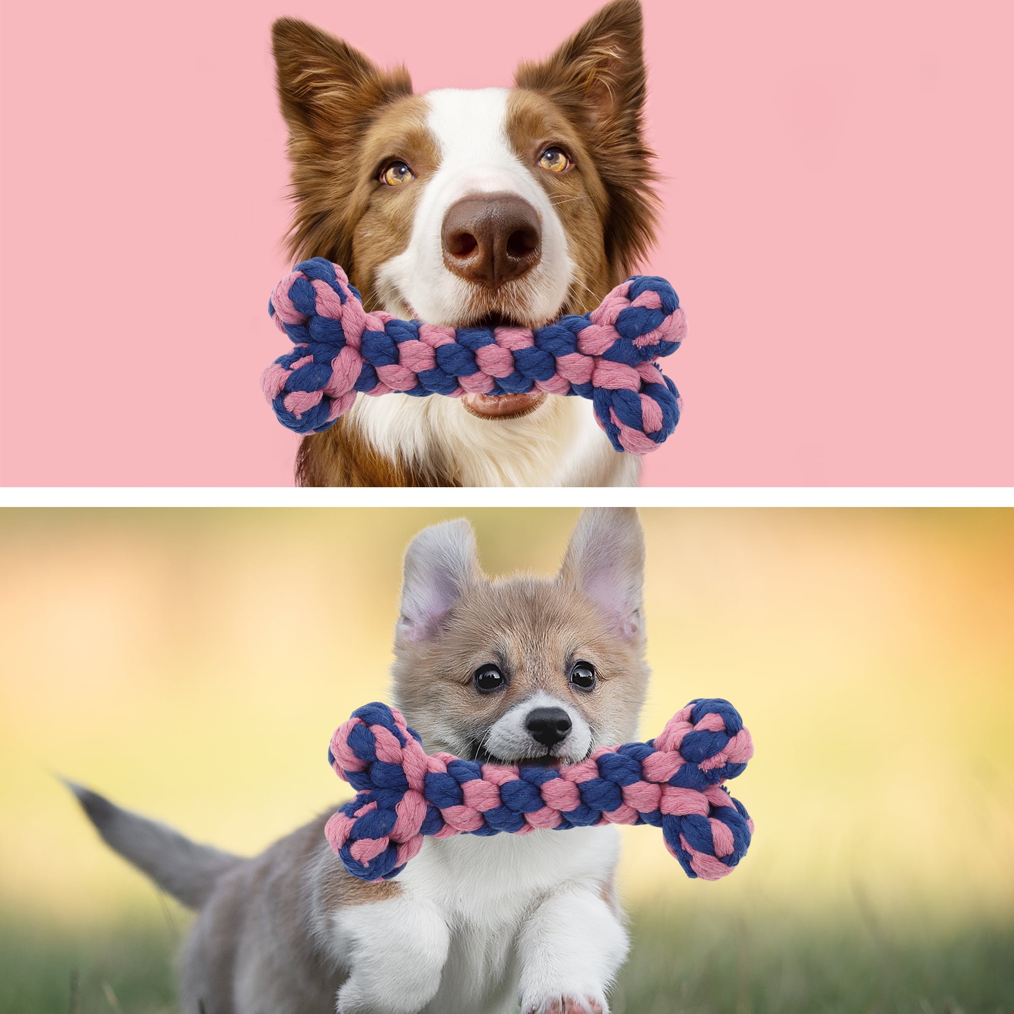 Unique Bargains Durable Cotton Teeth Cleaning Bone Shape Dog Chew Rope Pink Blue