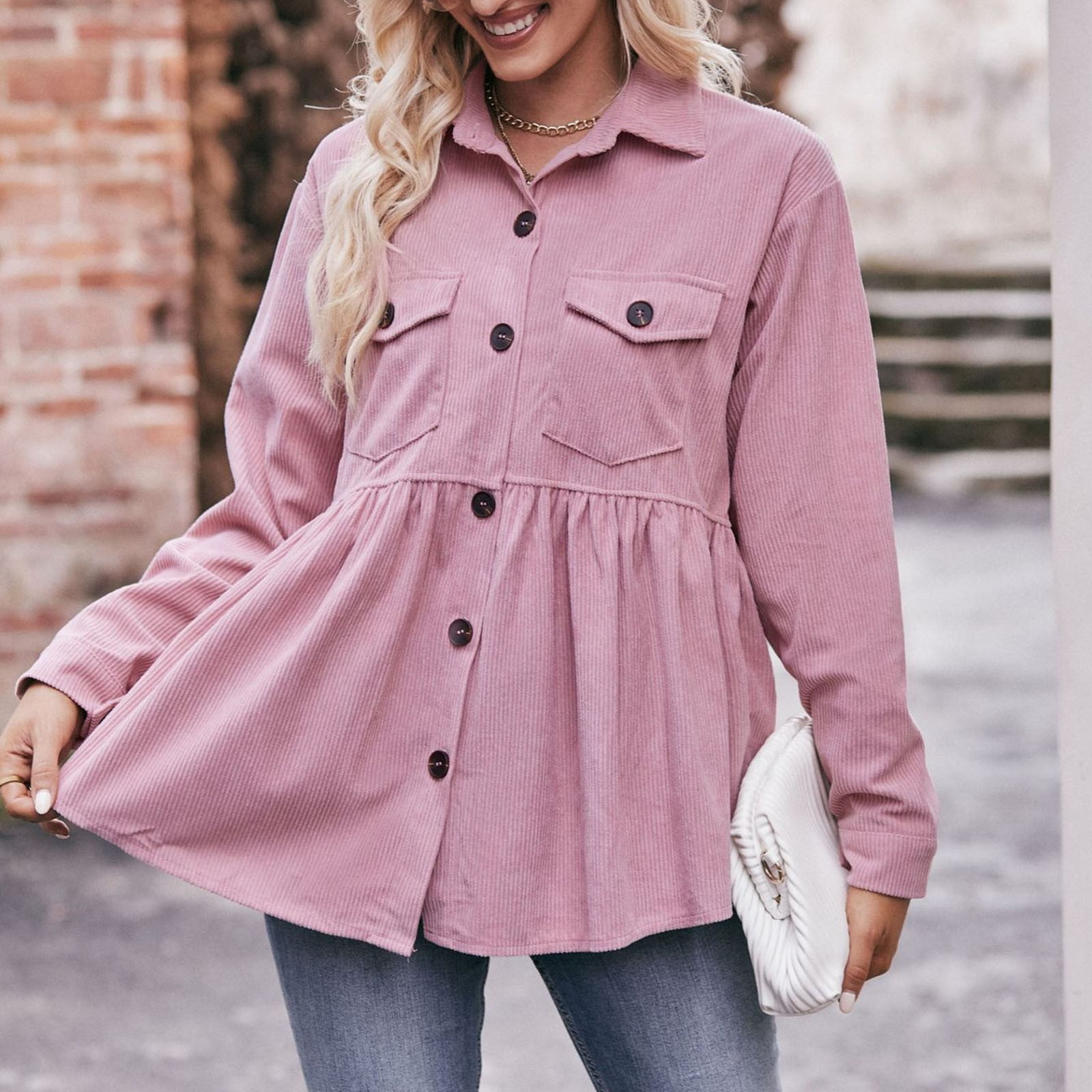 Women Corduroy Peplum Shacket Jacket Long Sleeve Button Down Babydoll Shirts Oversized Casual Collared Blouses Tops Pink L