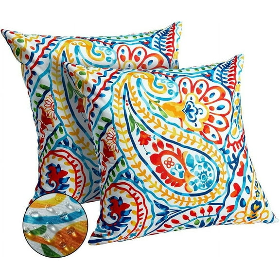 Outdoor Pillow Covers 18x18 Inch Set of 2 Colorful Paisley Decor Waterproof Throw Pillow Covers Farmhouse Outdoor Waterproof Pillow Covers Decor for Patio Funiture Garden Sofa Couch 7A