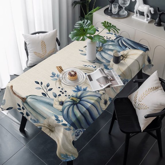 Vintage Fall Blue Table Cloth Waterproof Tablecloths, Thanksgiving Botanical Pumpkins Rustic Tablecloth Dining Table Cover for Kitchen Party Tabletop Outdoor, Rectangle Tablecloth 54x108 Inch