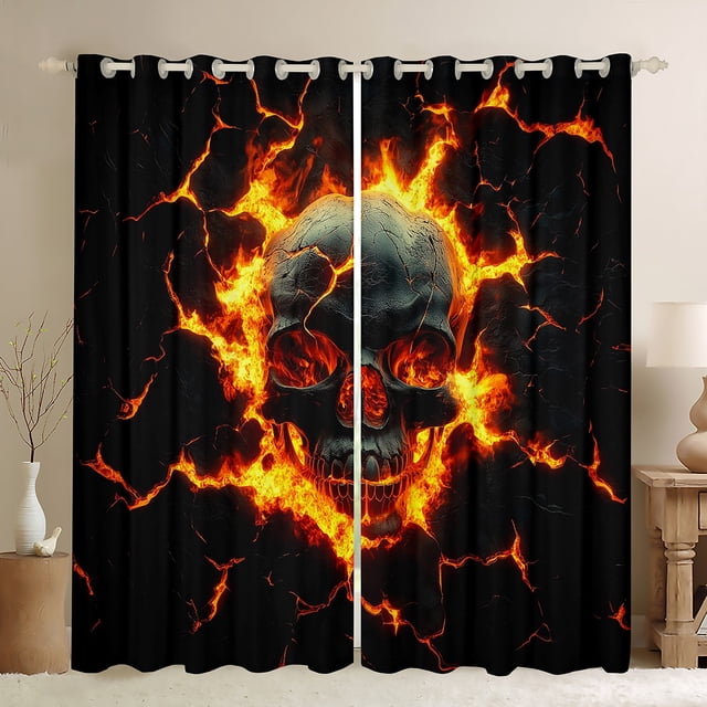 Skull Window Drapes Block 30%-50% Light,Mystic Gothic Skeleton Red Flame Kitchen Window Treatments 42Wx63L Inches,Natural Disaster Volcano Eruption Lava 3D Print Decor Window Curtains
