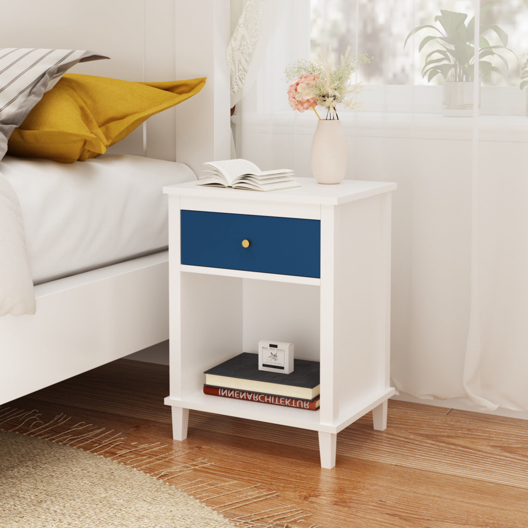 Noble House 26.8" Kids and Adults Wooden Nightstand, 1-Drawer  Bedside Table with Shelf, Silver Handle, White & Navy