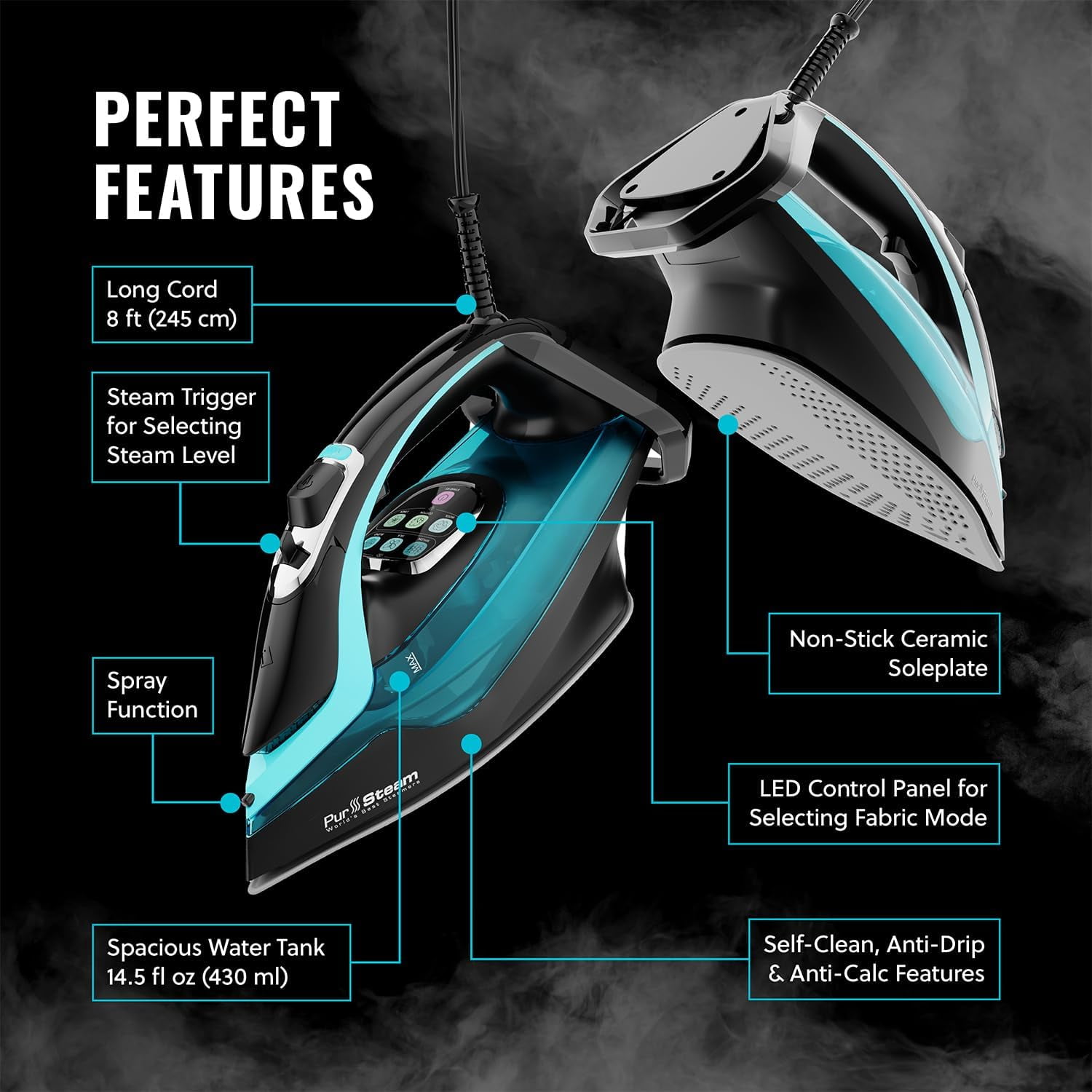 PurSteam SteamTech Elite Black Digital Steam Iron, 1750W