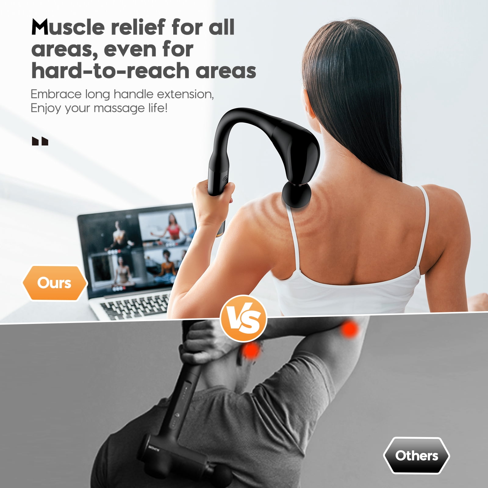 GINOST U-Shaped Back Massage Gun with 4 Massage Heads 5 Speed Levels 10MM Handheld for Neck, Shoulder, Relax Gift for Mom, Dad