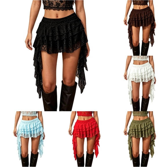 Jane Wardrobe Elastic Waist Multi-Layer Ruffle Lace Mini Skirt Women Irregular Asymmetrical Side Drape Western Cowboy Short Skirt 1PC XS-L Plus Size Friendly