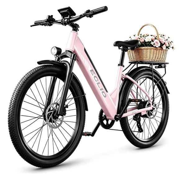 26 inch Adult Electric Bike, 750W Peak Commuter Ebike,Step-thru Electric Commuter Bike for Woman, Electric Mountain Bike 50 Mile Range, 20 mph, 7-Speed,UL2849 Pink