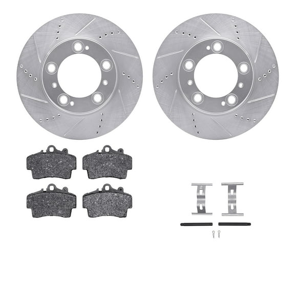 Dynamic Friction Company Front Brake Rotors-Drilled and Slotted-Silver with 5000 Advanced Brake Pads includes Hardware 7512-02007