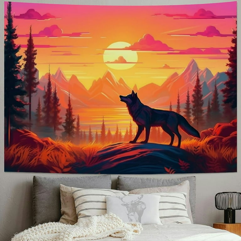 BCIIG Wolf Tapestry Sun Mountain Wall Tapestries Forest Tree