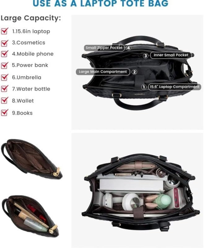 3 In 1 Tote Bag With Lunch Compartment,15.6 Inch Tote Bags with Lunch Compartment, Lunch Bag Women Insulated, for Work Travel (Black)