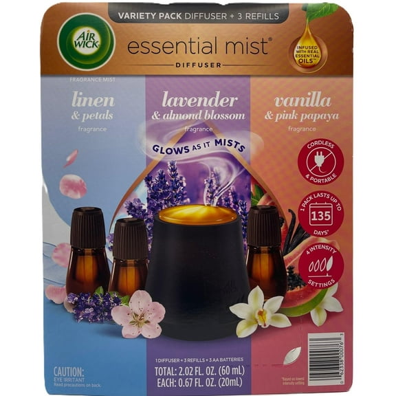Air Wick 3300832 Essential Mist Kit 1 Diffuser with 3 Refills Linen & Petals
