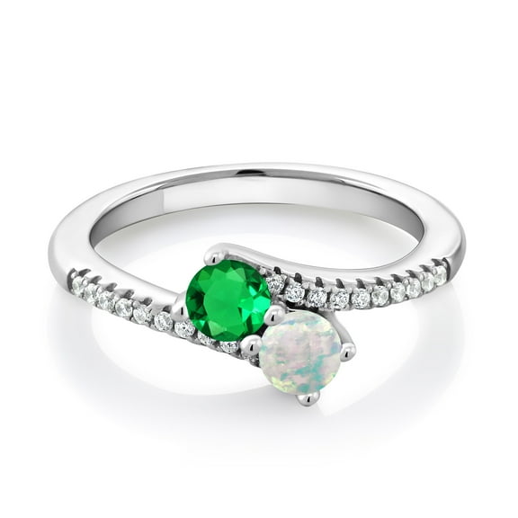 Gem Stone King 925 Sterling Silver Green Nano Emerald and White Opal Bypass Ring for Women (0.79 Cttw, Gemstone May Birthstone, Round 4MM, Available in Size 5, 6, 7, 8, 9)