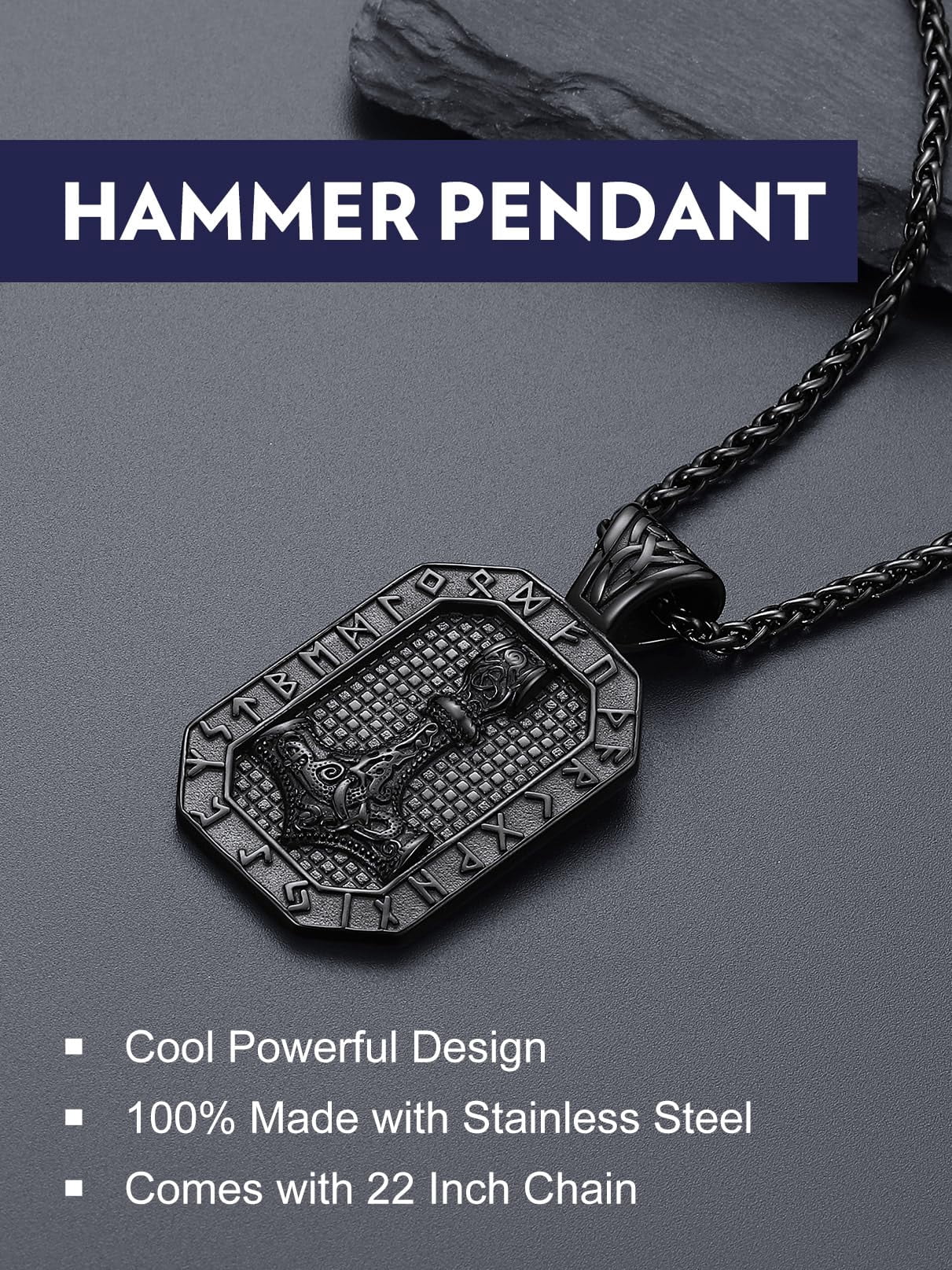 Bandmax Mens Black Nordic Dog Tag Pendant Necklace with Viking Runes Stainless Steel Thors Hammer Necklaces Chain Gift for Men