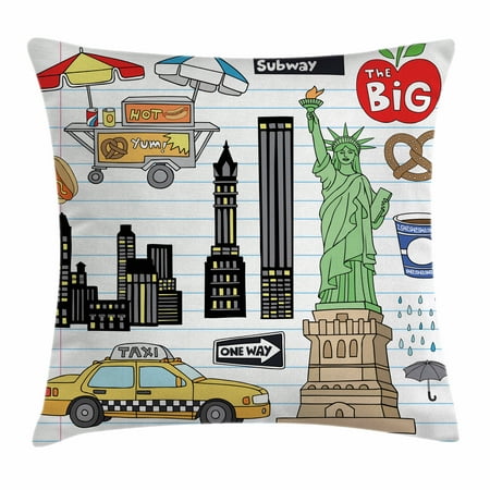 New York Throw Pillows Doodle Throw Pillow Cushion Cover, New York City Manhattan Statue of Liberty The Big Apple Hot Dog Stand Sketch Style, Decorative Square Accent Pillow Case, 16 X 16 Inches, Multicolor, by Ambesonne ()