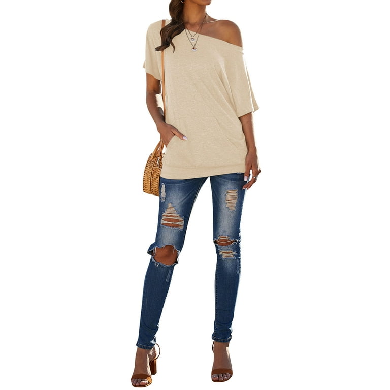 ZXSXSY Women Boat Neck Kangaroo Pocket Short Sleeve Solid