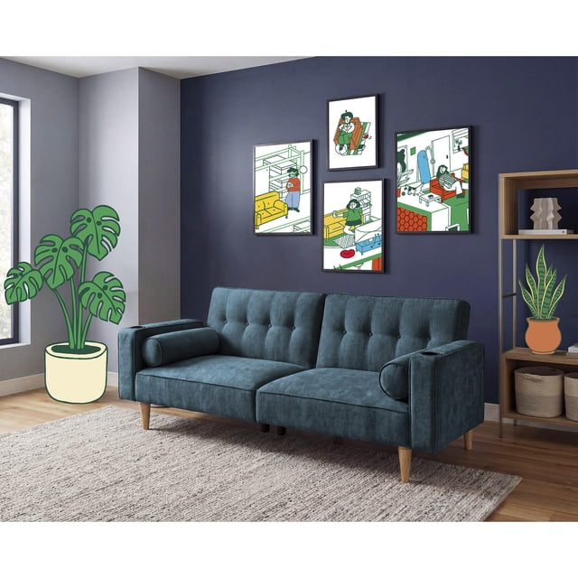 sofá cama makora merlak olivo velvet 3 posiciones con soft foam reclinable; vista frontal en sala moderna, tapizado velvet color olivo con respaldo dividido acolchado que ofrece 3 posiciones independientes (recto, relax, cama), patas de madera inclinadas, 2 cojines tubulares incluidos y brazos con portavasos ocultos, armado fácil, capacidad para 2 personas y a menudo usado como asiento adicional en estudios o salas pequeñas.