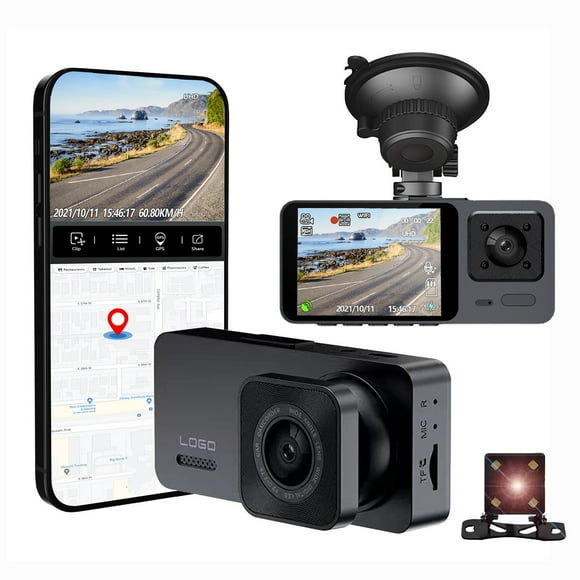 EGNMCR Vehicle Camera Dash Cam WiFi 1080P FHD Car Driving Recorder 2-inch IPS Screen Three Lens Car Camera 170 Wide Angle/Motion Tracking/Reverse Image/G Sensor/HD Night Vision Dash Cam