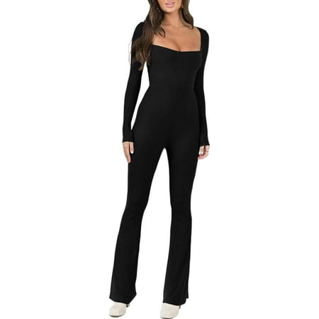 

Women s Sexy Bodycon Long Sleeve Square Neck One Piece Jumpsuit Romper