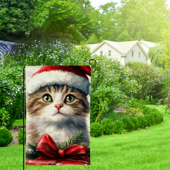 Qinduosi Merry Christmas Garden Flag, Cat Winter Holiday Outside Flags for Farmhouse Rustic Home Lawn Yard Patio Outdoor Decorative 12x18in