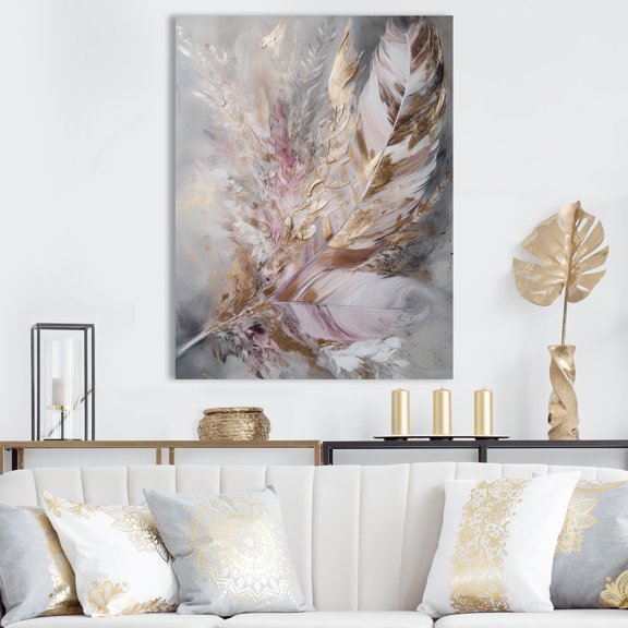 DESIGN ART Designart "Pink Feather Boho Majesty I" Glam Feather Wall Art Prints 12 in. wide x 20 in. high