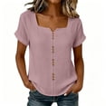 thumbnail image 2 of Women's Solid Linen Short Sleeve U-Neck Button Top Summer T-Shirt, 2 of 9
