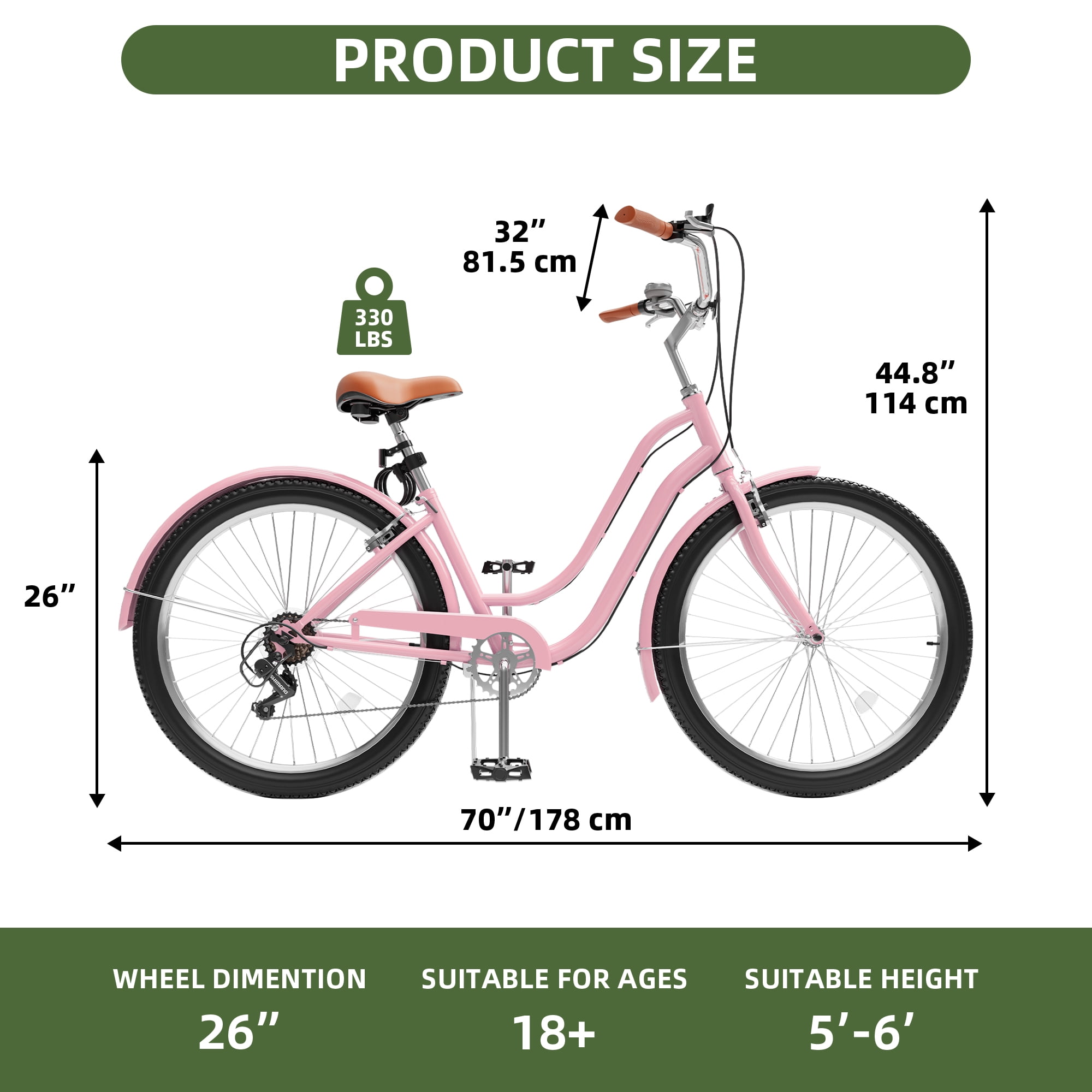 Uforic 26 Inch Beach Cruiser Bike, 7-Speed, Step-Through Bicycle for Men & Women, Steel Frame, Pink