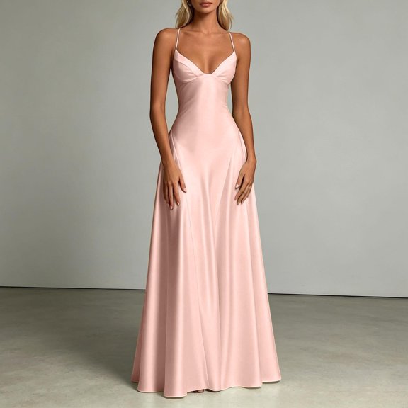Women's Satin V Neck A-Line Gown – Elegant Evening Party Dress in Sizes XS-XL, Versatile Formal Occasion Wear for Prom Wedding