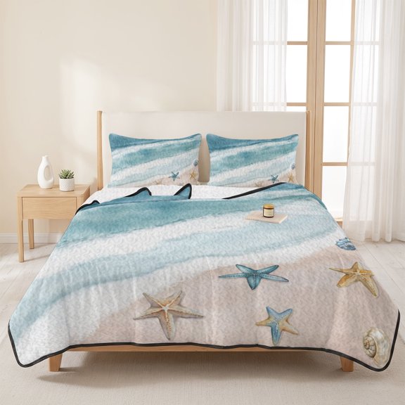 3 Piece Summer Bed Quilt Set King Size,Watercolor Ocean Beach Ombre Lightweight Bedspread Coverlet with 2 Pillowcases Sea Wave Starfish Shell Soft Comforter Bedding Quilts for All Season