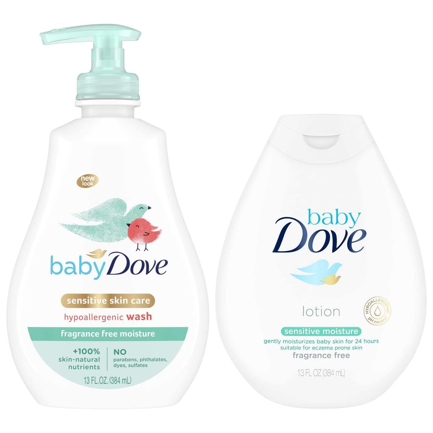 Dove Baby Essentials, Wash & Baby Lotion Set, Fragrance-Free, 13 oz Ea | Sensitive Skin Care Hypoallergenic Wash, Tear-Free, Pediatrician Recommended + Sensitive Moisture Lotion, Suitable for Eczema