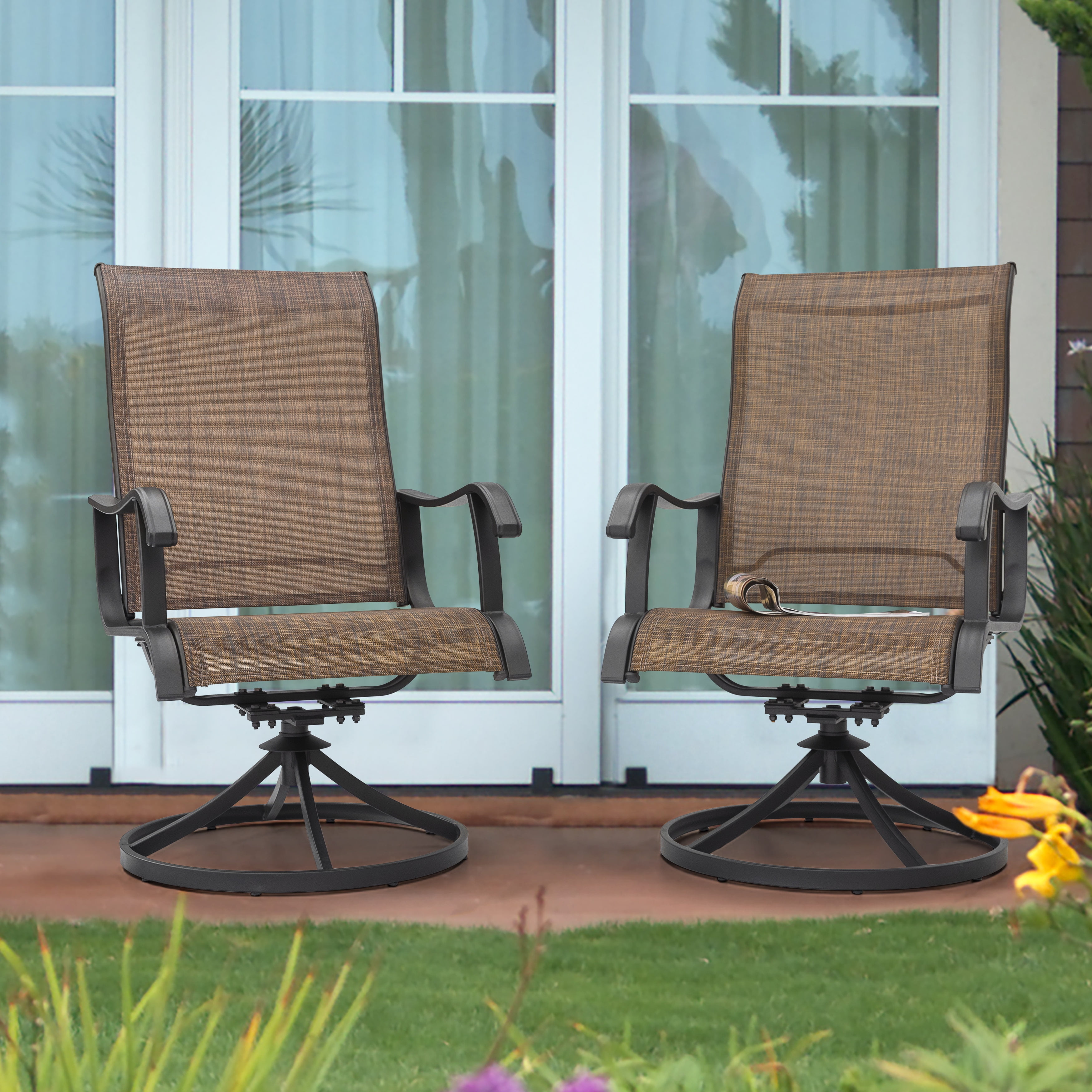 Nuu Garden Patio Dining Chairs, Swivel Patio Sling Chairs Set of 2 All-Weather Textilene Outdoor Chairs with Iron Frame for Outdoor Lawn Garden Backyard, Brown