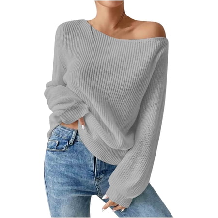 biudgviw Women's Off the Shoulder Sweater Long Sleeve Knit Pullover Tops Fall Casual Crew Neck Going Out Tops Trendy Clothes