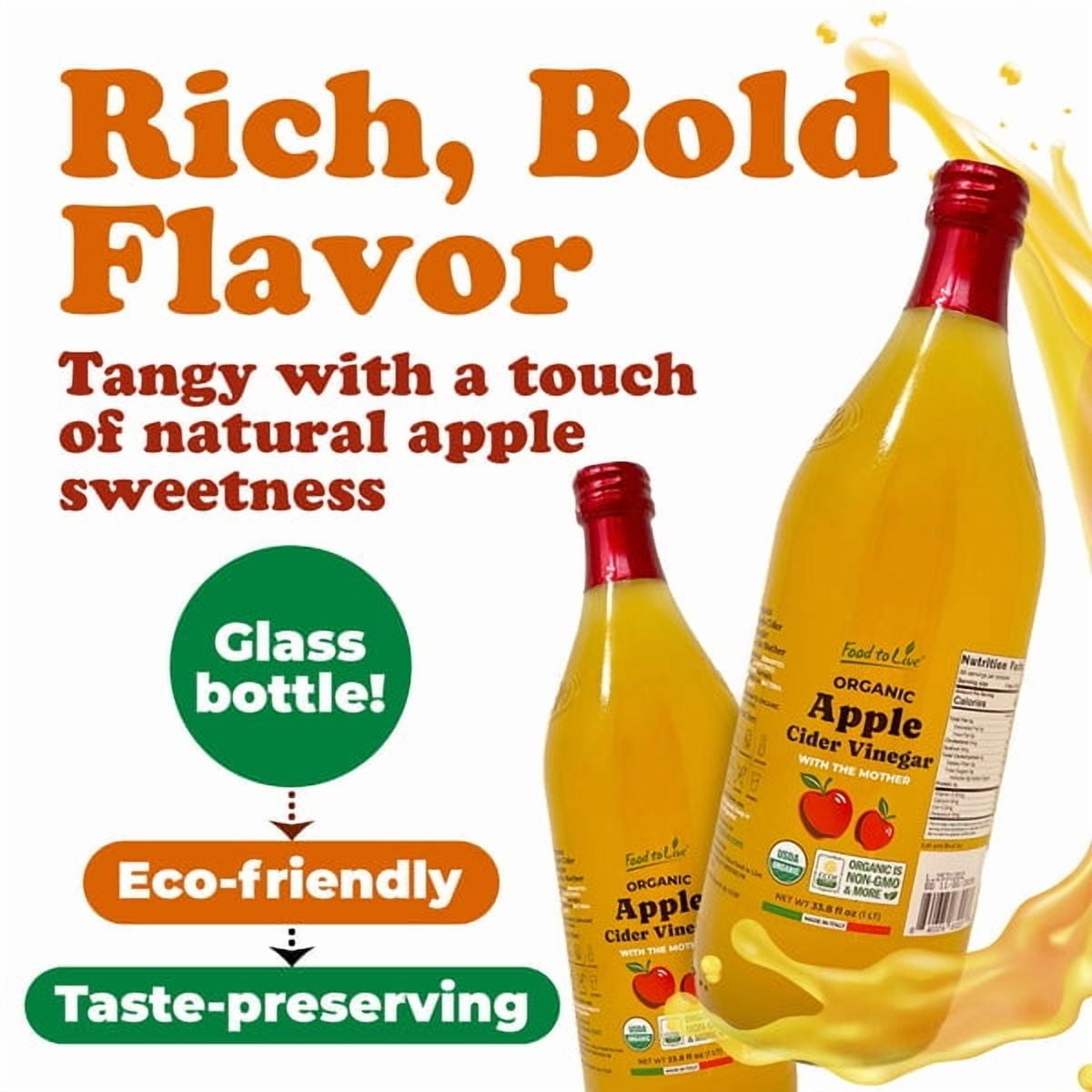 Food To Live Organic Apple Cider Vinegar, 2 L – Raw Italian Natural Vinegar with the Mother, Unfiltered, Unpasteurized, Non-GMO, Vegan, Glass Bottle (Pack of 2)