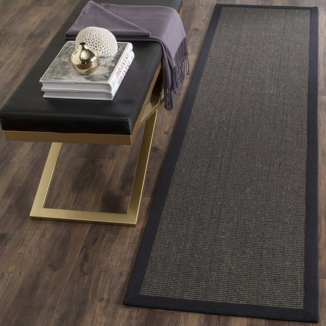 SAFAVIEH Natural Fiber Forrester Border Sisal Runner Rug, Charcoal, 2'6" x 16'