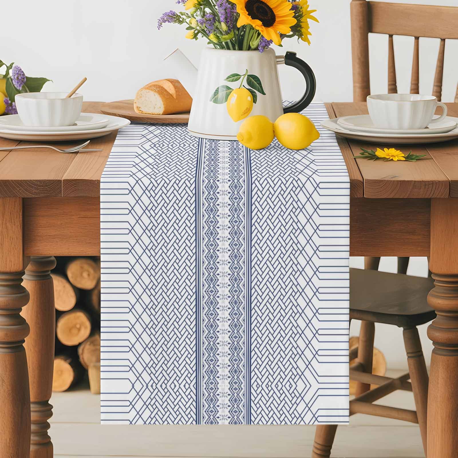 Modern Geometric Stripe Art Table Runner 90 Inches Long, Minimalist Blue Ombre on White Table Runners Tabletop Scarf Kitchen Dining Tables Decoration for Home Party Indoor Outdoor