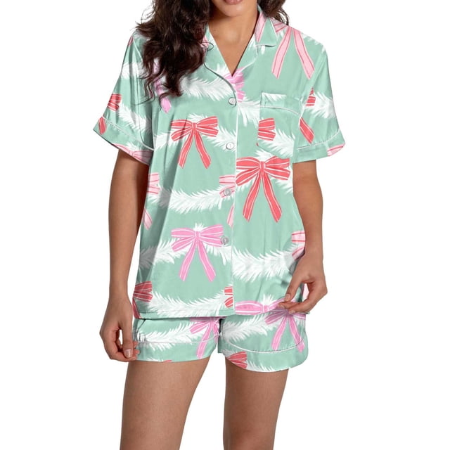 Pyjama pour Femmes en Satin Imprimé Graphique, Mignon, Tenue de Nuit, Boutons, Hauts à Manches Courtes, Ensembles de Shorts