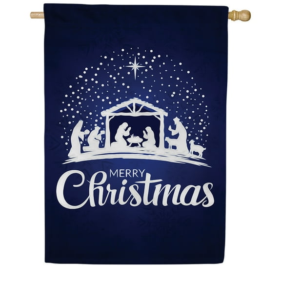 America Forever Merry Christmas Blue Nativity House Flag, 28 x 40 inch Double Sided, Nativity Scene Silhouette Banner, Religious Holiday Outdoor Decor, Christmas Yard Decorations Flag