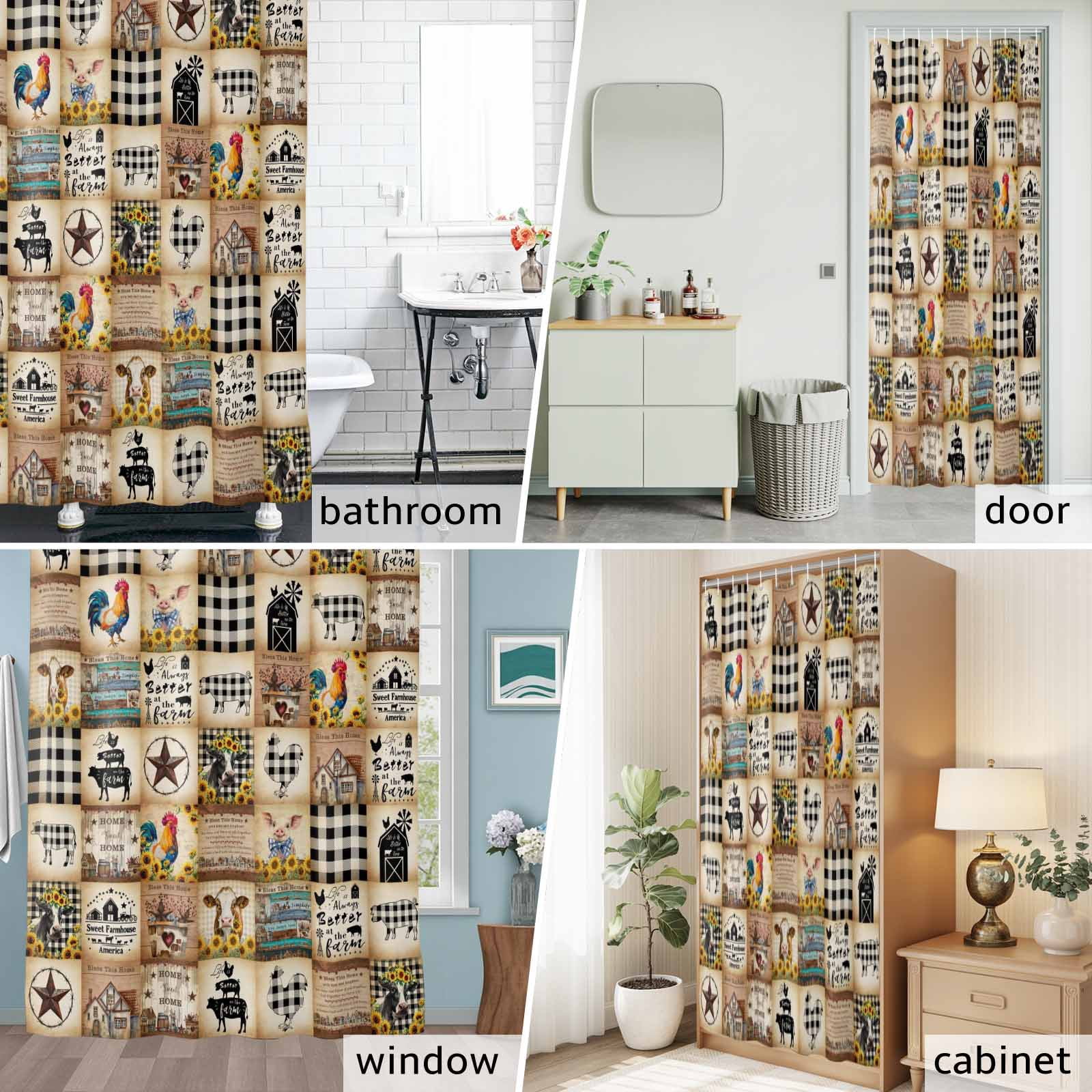 Vintage Rustic Farmhouse Plaid Shower Curtain Set with Hooks, Farm Animals Barn Stars Waterproof Fabric Bathroom Curtains Decor Home Accessories,72X 96 Inch Extra Long